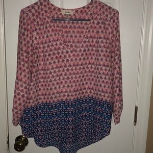 Blue, white, and coral blouse